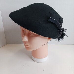 Vintage 1930's Black Gothic Style 100% Wool Cloche Hat with Feathers
